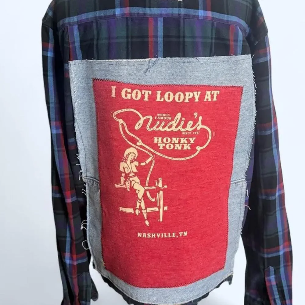 Nudie’s Honky Tonk Nashville Upcycled Flannel Western Reworked Shirt